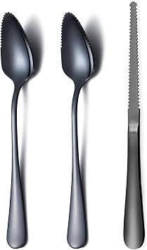 Black Grapefruit Spoons 3 Pieces Set, 2 Stainless Steel Grapefruit Spoon And 1 Grapefruit knife With Titanium Plating, Grapefruit Utensil Set, Serrated Edges Spoon pack of 3 (Black)