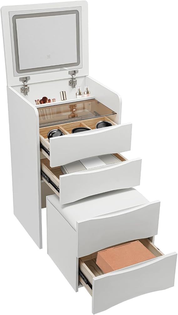 3 in 1 Vanity Desk with Flip Top Mirror and 3 Colors LED, 18.9x15.75x32.28in Space Saving Dressing Table with 3 Drawers & Cushion Stool, Make Up Vanity Set, Foldable Desk Top, Recessed Handle, White