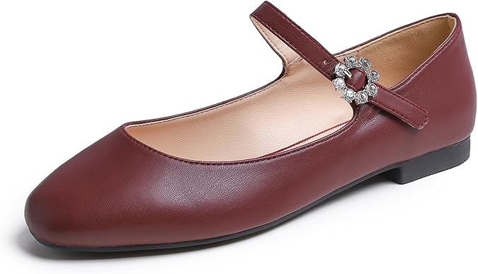 FEVERSOLE Women's Mary Jane Fashion Square Toe Easy Buckle Slip On Flats