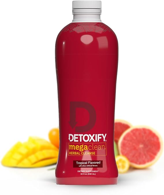 Detoxify Mega Clean Herbal Cleanse Tropical Flavor 32 oz Formulated Herbal Detox Drink Milk Thistle, Ginseng Root & Guarana Seed Extract - Plus Sticker
