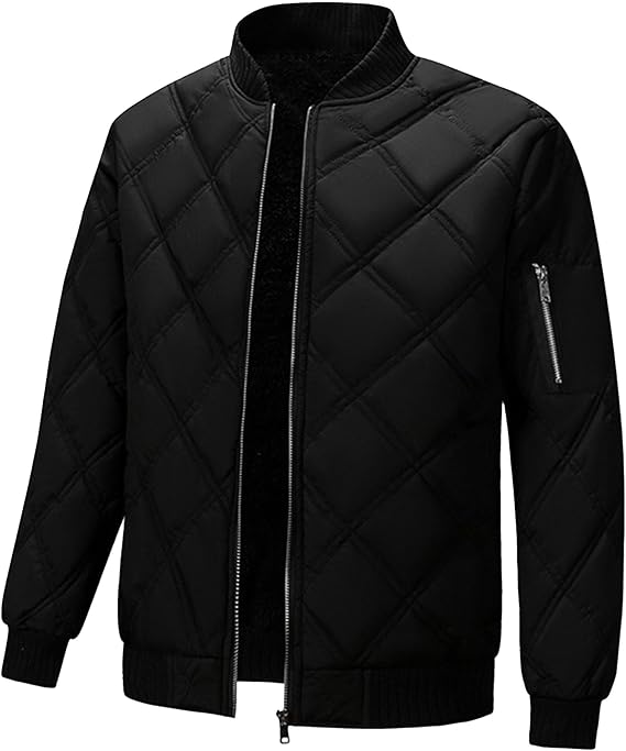 Men's Sherpa Lined Flight Bomber Jacket Diamond Quilted Zip Up Down Coat Winter Warm Varsity Jackets Pockets