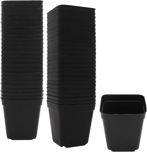 Square Nursery Pots 100 Pack 2.7 Inch Plastic Plant Pot with Drainage Holes Sturdy & Reusable Starter Container for Seedlings, Succulents & Garden Plants, Black