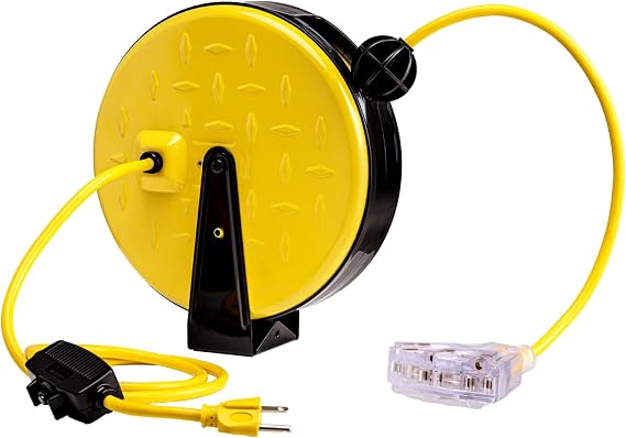 30 Ft Extension Cord reel, Retractable Extension Cord with 3 Power Outlets Indicator Lights, 16AWG/3C SJTW Heavy Duty Power Cord, 10 Amp Circuit Breaker, Wall Mount and Ceiling Mount, ETL Certified