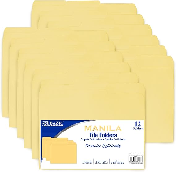 BAZIC Products Manila File Folders, 1/3-Cut Letter Size with Left, Right, and Center Tab Positions, Ideal for Organizing and Filing Documents, 12/Pack, 1-Pack