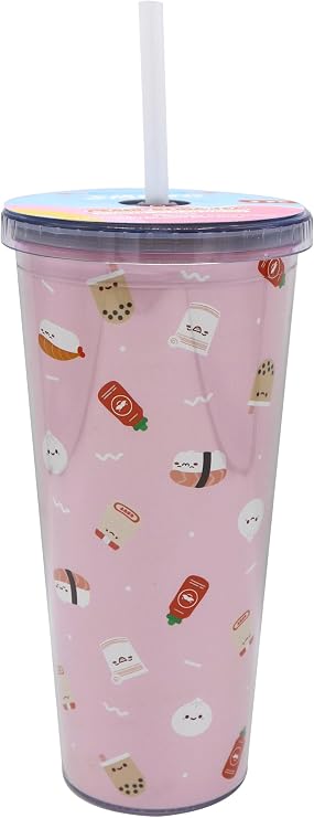 Handstand Kitchen Smoko Friends Kawaii 24 oz Cold Drink Tumbler, Double Walled, BPA Free, Includes Straw