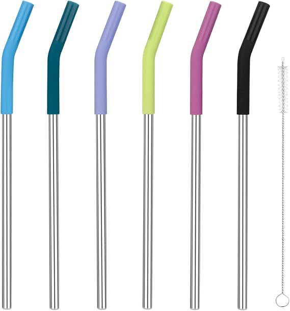 Zenbo Set of 6 Stainless Steel Reusable Metal Straws with Silicone Flex Tip Elbow,6 Steel Straws,6 Silicone Tips,1 Straw Cleaning Brush,for 30 oz and 20 oz Cups, Dishwasher Safe