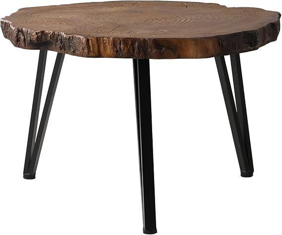 COSIEST Outdoor Faux Wood Tree-Slice Coffee Table, Natural Oak Hand Painted Finish 31.5x20, 3 Black Metal Legs End Table
