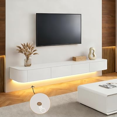 Modern Floating TV Unit with LED Lighting | Wall-Mounted Entertainment Media Console | Large Storage TV Bench for Living Room & Office White, 55.1