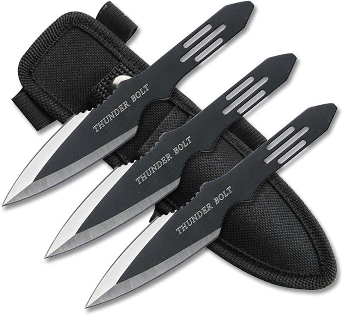 Set of 3 BlackSatin Finish Throwing Knives with Thunder Bolt Etching, Black Handles, Nylon Sheath - BladesUSA