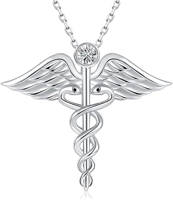 Sterling-Silver Angel Rod of Asclepius Necklace - Medicine Nursing Themed White Gold Snake Caduceus Pendant,Wing Nurse Medical Symbol Jewelry Gift for Graduation Medical Student Women