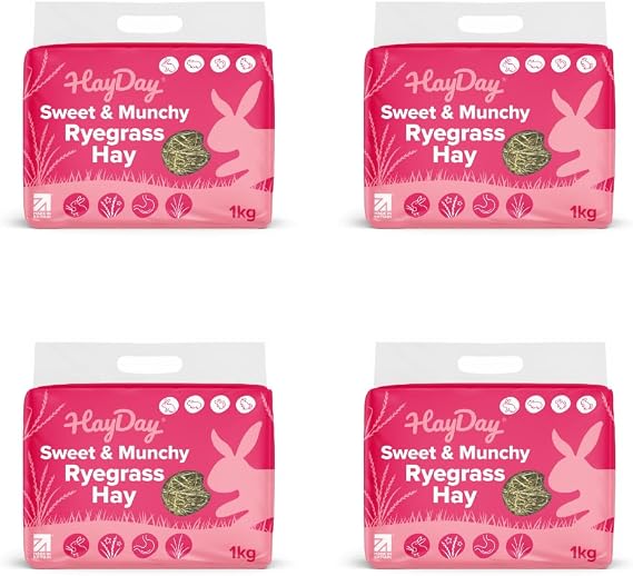 HayDay (1kg x 4pk) Premium, Long Stem Sweet Ryegrass Feeding Hay for Rabbits, Guinea Pigs & Small Pets - Sweet and Munchy Ryegrass - Stalky with Enhanced Nutrition, Dust Extracted for Small Animals