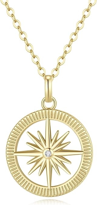 GAVU Compass Necklace for Women, 925 Sterling Silver Diamond Compass Necklace for Women