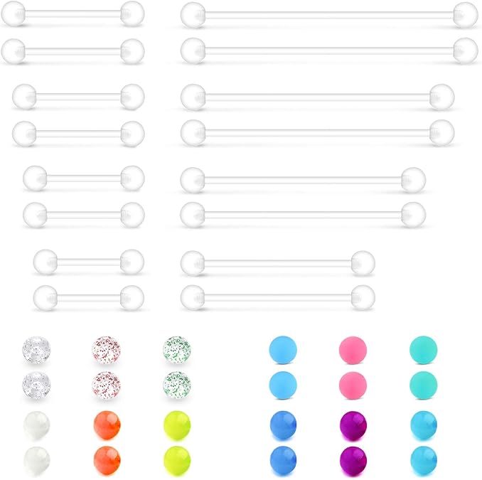 QWALIT 14g Plastic Industrial Barbell Earrings Pregnancy Belly Button Ring Nipple Tongue Rook Eyebrow Piercing Retainer Flexible Clear Curved Barbell Replacement Balls for Work Surgery
