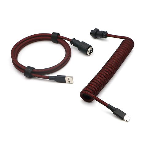 Pro Custom Coiled USB C Cable for Gaming Keyboard, Double-Sleeved Mechanical Keyboard Cable with Detachable Metal Aviator, 1.2M USB-C to USB-A, (Dark Red)