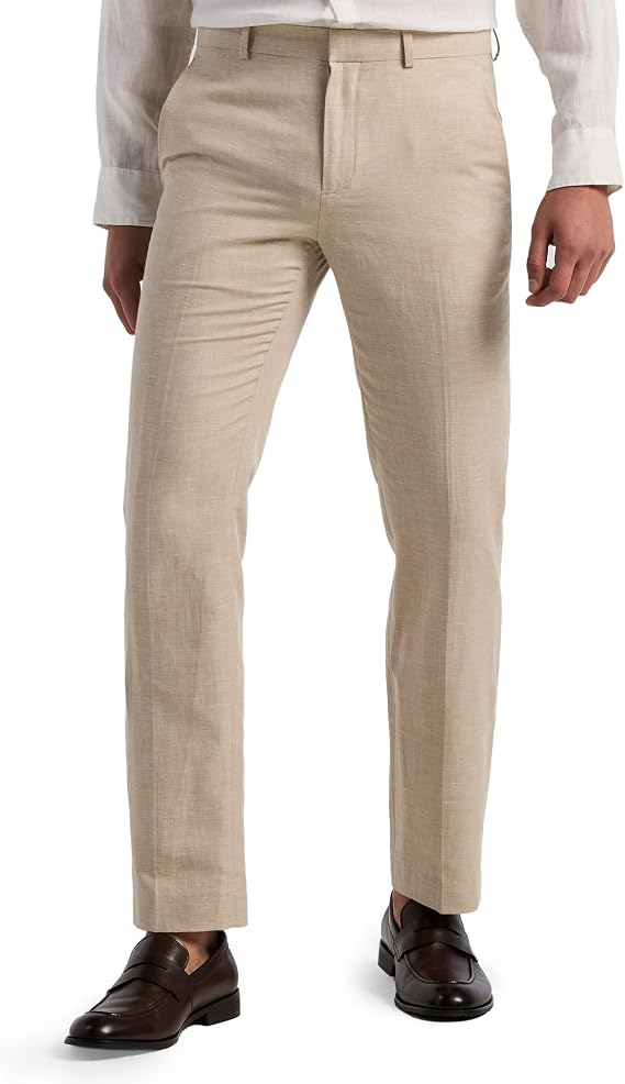 Perry Ellis Men's Linen Blend Dress Pants, Flat Front, Durable Twill, Regular Fit, Breathable & Lightweight