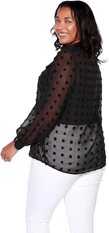 Women's Long Sleeve Sheer Clip Dot Button Front Blouse | Curvy Plus Size