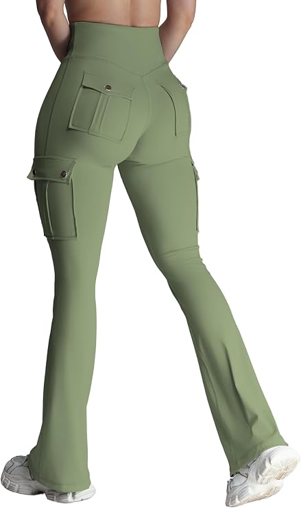 Flare Leggings with Pockets for Women High Waisted Butt Lifting Workout Cargo Leggings