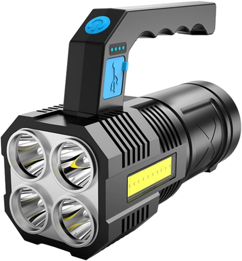 LED Flashlight, Handheld, 4 Lighting Types, USB Rechargeable, Ultra Brightness, 100,000 Lumens, Powerful, Portable, IP65 Waterproof, Large Battery, Lightweight Handy Light, Searchlight,