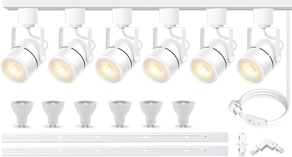 Advanced LED Track Lighting Kit with Replaceable GU10 Bulbs, 6-Lights Dimmable Track Lights with 2x1m H Type Track Rails, 10W 3000K Warm White Indoor Spotlight Fixture for Any Space [Energy Class C]