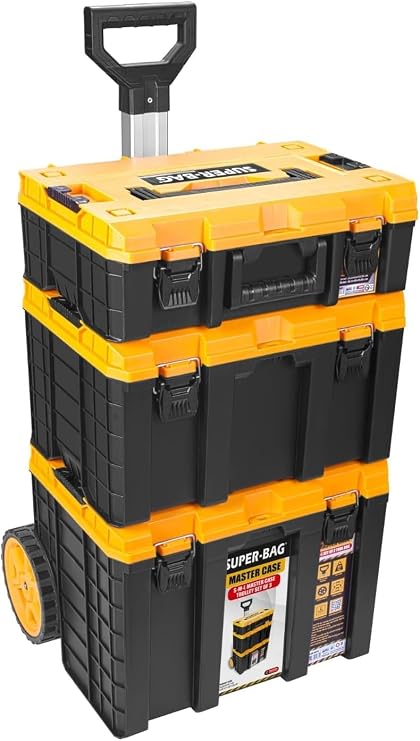 Super-Bag S-M-L Master Case 3'lü Modüler Tekerlekli Takım Çantası Seti, Organizerli Alet Taşıma ve Depolama Sistemi, Çekçek Kollu, Büyük Hacimli, Elektrikçi Tesisatçı Servis İçin, Sarı-Siyah