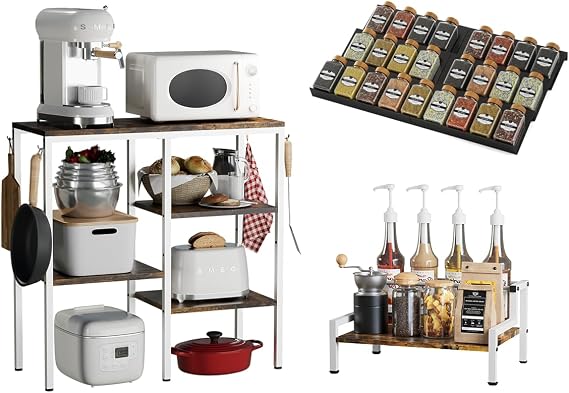 Kitchen Microwave Stand Rack, Syrup Rack and 6pcs ABS Spice Rack for Drawer & Countertop