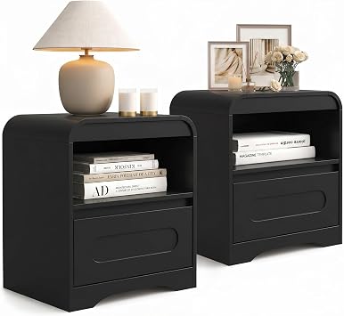Black Nightstand Set of 2, Nightstand with Drawers, 22" Modern Nightstands Bed Side Table Large Bedside Stand 18" Wide End Table for Bedroom Sofa Office,Curved Profile Design