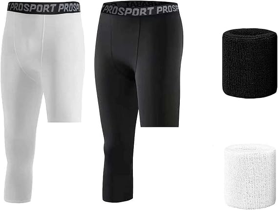 2 Pack Mens Compression Pants One Leg 3/4 Capri Tights Leggings Athletic Base Layer for Gym Running Basketbal