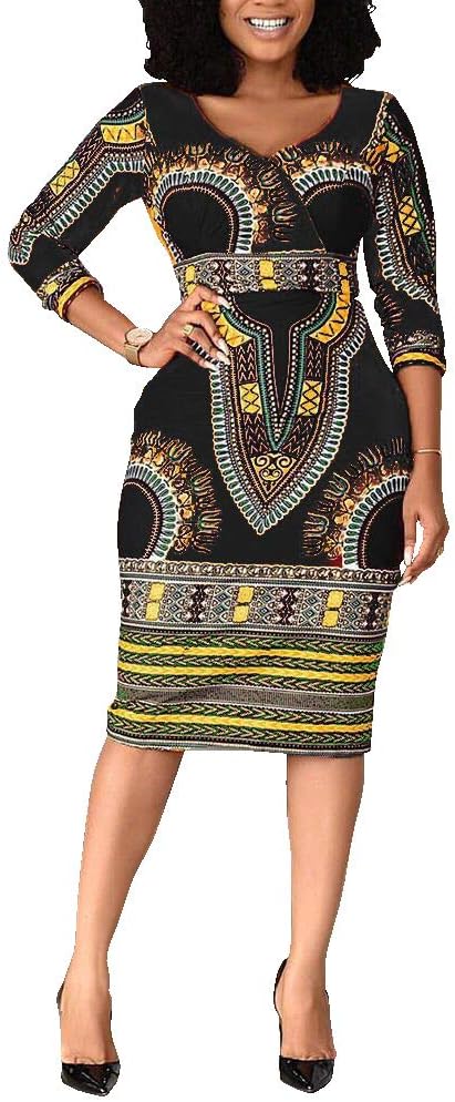 VERWIN Mid-Calf V Neck Three Quarter Sleeve Print Women's Bodycon Dress African Midi Dress