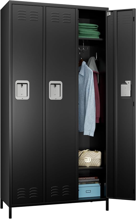 Aobabo Metal Storage Locker for Office Gym Bedroom Dormitory, 3 Doors Steel Storage Locker for Employees, Industrial Storage with 6 Hooks, Black, Assembly Required