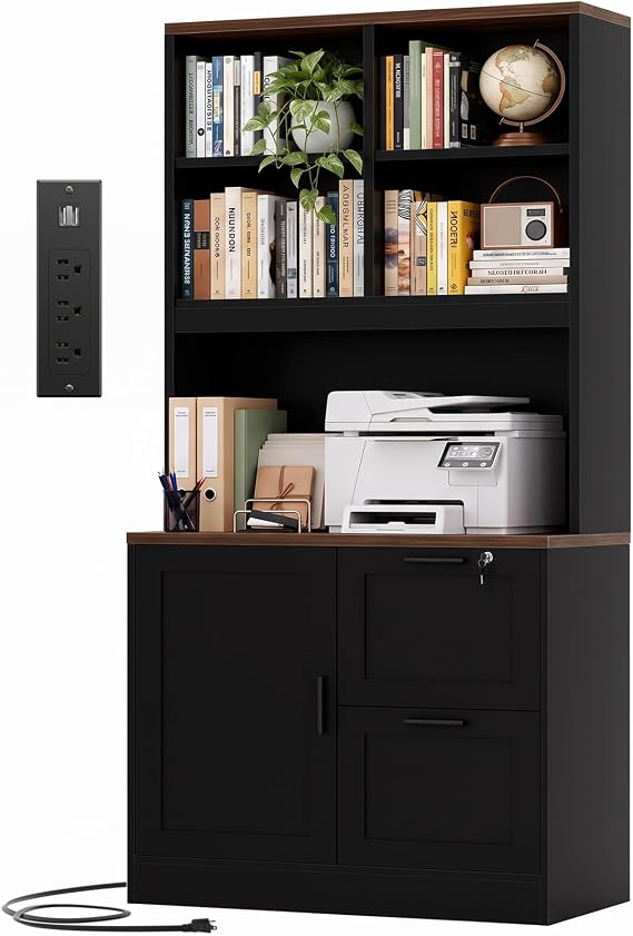 Vertical File Cabinet Bookcase with Printer Stand & Charging Station, Black