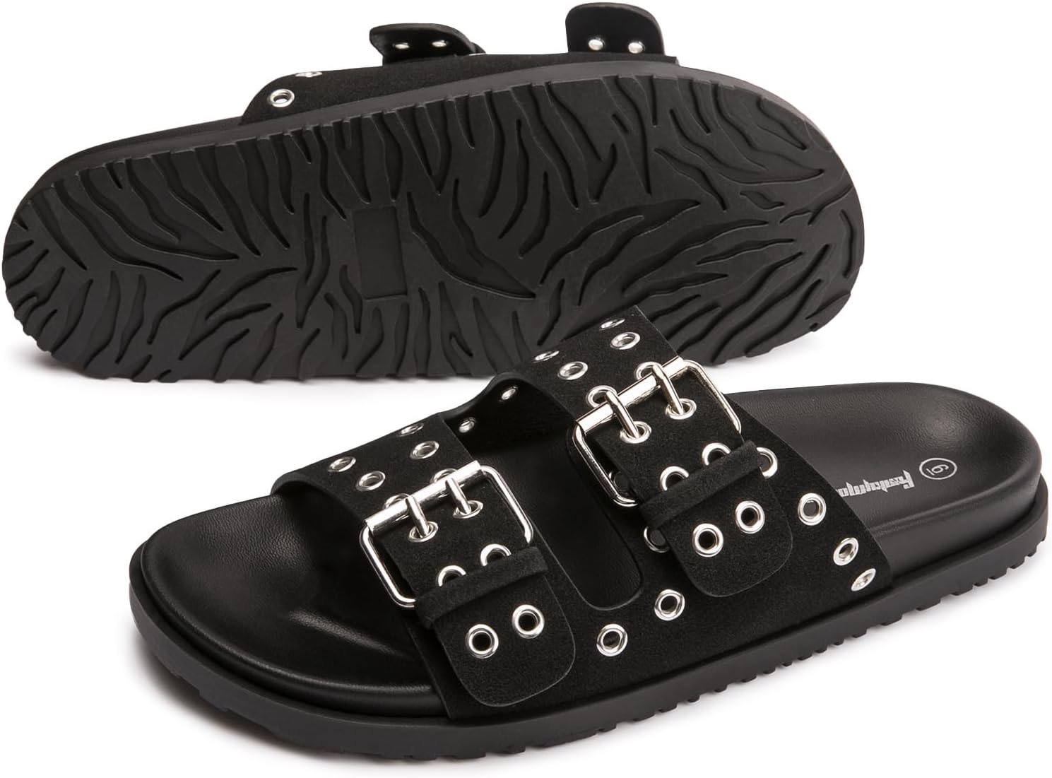 FUNKYMONKEY Womens Eyelets Adjustable Double Strap Slides Slip On Comfort Flat Sandals for Summer