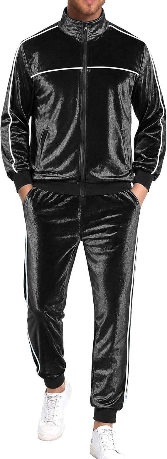 Men's Velour Tracksuit, 2 Piece Full Zip Velvet Sweatsuits Jogging Outfit