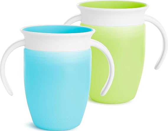 Munchkin Miracle 360 Trainer Sippy Cup with Handles, Spill Proof, 7 Ounce, 2 Pack, Green/Blue