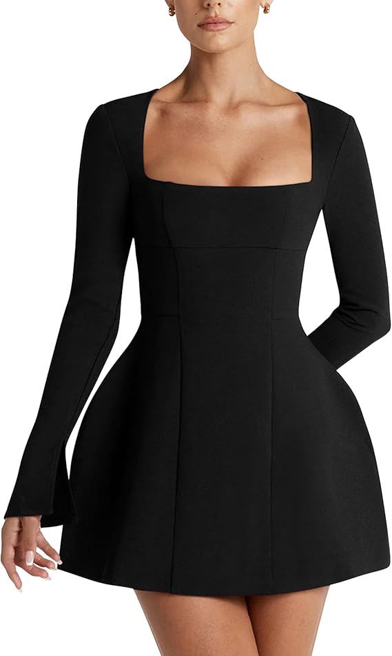 YMDUCH Women's Long Sleeve Square Neck A-Line Mini Club Prom Dress
