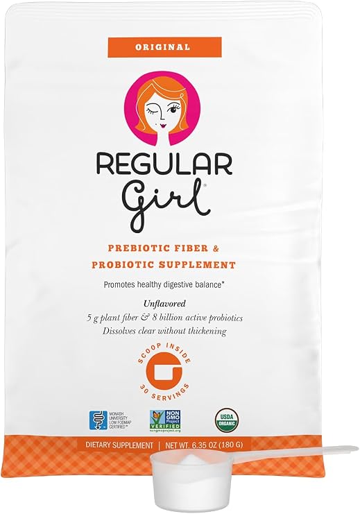 Regular Girl Organic Powder, Prebiotic Fiber Supplement and Probiotics for Women, Low FODMAP, 30 Servings, Unflavored