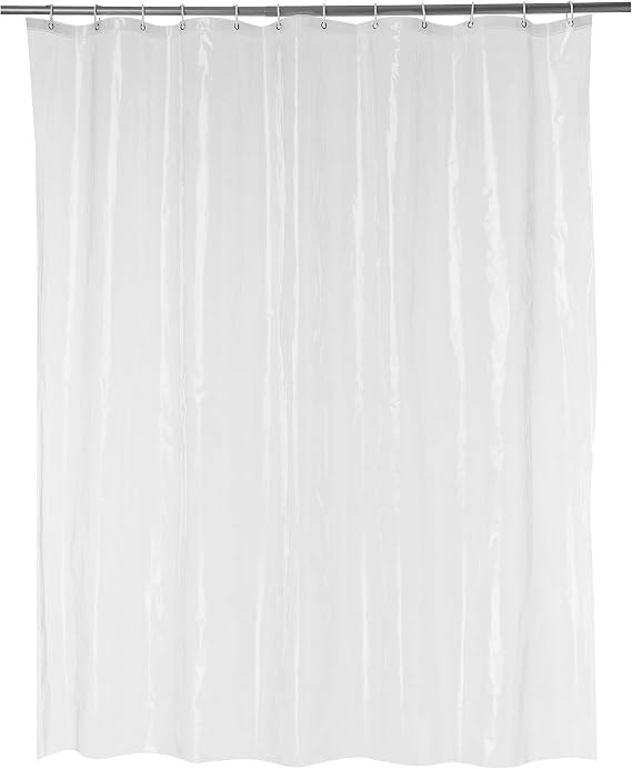 Amazon Basics Water Resistant 8-Gauge PEVA Shower Curtain Liner with Rust-Proof Metal Grommets and Plastic Hooks, 72"L x 72"W, Clear