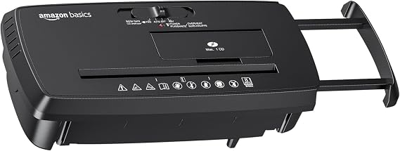 Amazon Basics 8-Sheet Strip Cut Portable Paper, CD, and Credit Card Shredder with Auto-Off, Overheat Protection, Compact Design, No Basket, Extendable Arm, Black