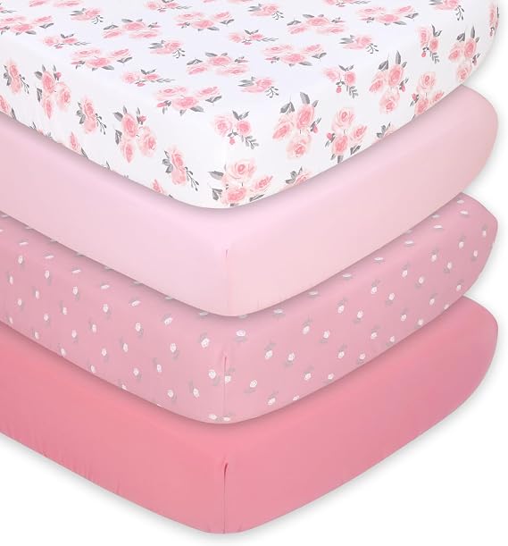 The Peanutshell 4-Pack Fitted Crib Sheet Set - Super Soft & Breathable Baby Girl Crib Sheets, Nursery Decor, Fit for Standard Mattress Cover- Pink Roses and Ditsy