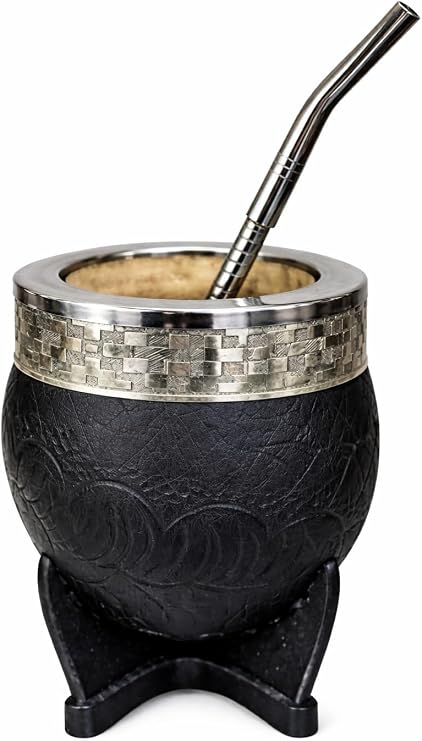 Yerba Mate Cup Set Argentina, Calabash Gourd, Tooled Leather, Alpaca | Handmade in Argentina from natural calabash gourd with tooled leather wrap, alpaca band, bombilla straw and curing guide