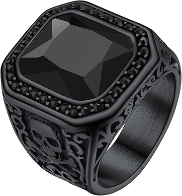 Richsteel Skull Black Onyx Ring for Men Retro X Bone Thumb Band Ring Punk Jewelry Custom Gift for him (Personalized Red/Blue/Green Stone)