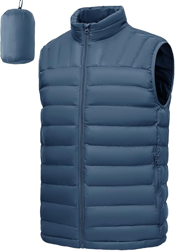 BGOWATU Puffer Vest Men's Packable Lightweight Zipper Quilted Outdoor Winter Sleeveless Jacket with Pockets Deep Blue M