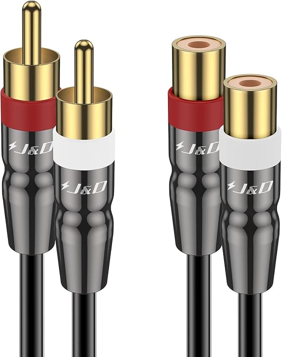 J&D 2 RCA Extension Cable Male to Female, Copper Shell Gold-Plated 2RCA Male to 2RCA Female Cable Stereo Audio Extender Cord Adapter, 3 Feet
