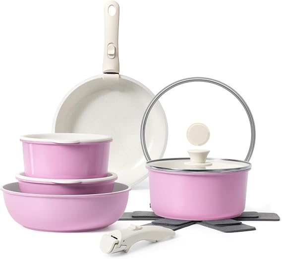 SODAY 15Pcs Cookware Set with Detachable Handle | Nonstick,pink, Aluminum, Granite coating,induction ready, RV kitchen, stackable design, space-saving for small kitchens