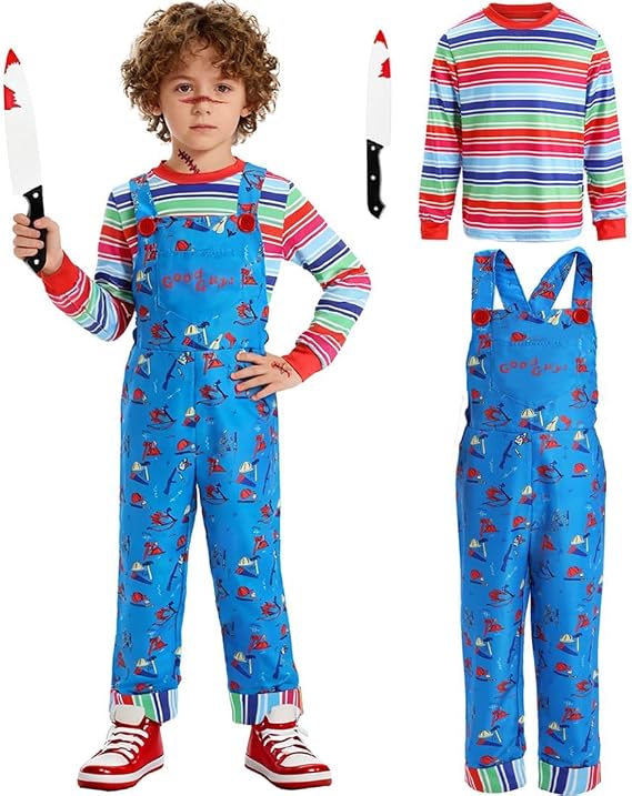 Chucky Costume for Kids Boys Jumpsuit Mask Plastic Knife Hat Shirt Overalls Halloween Cosplay Costume 3-10 Years