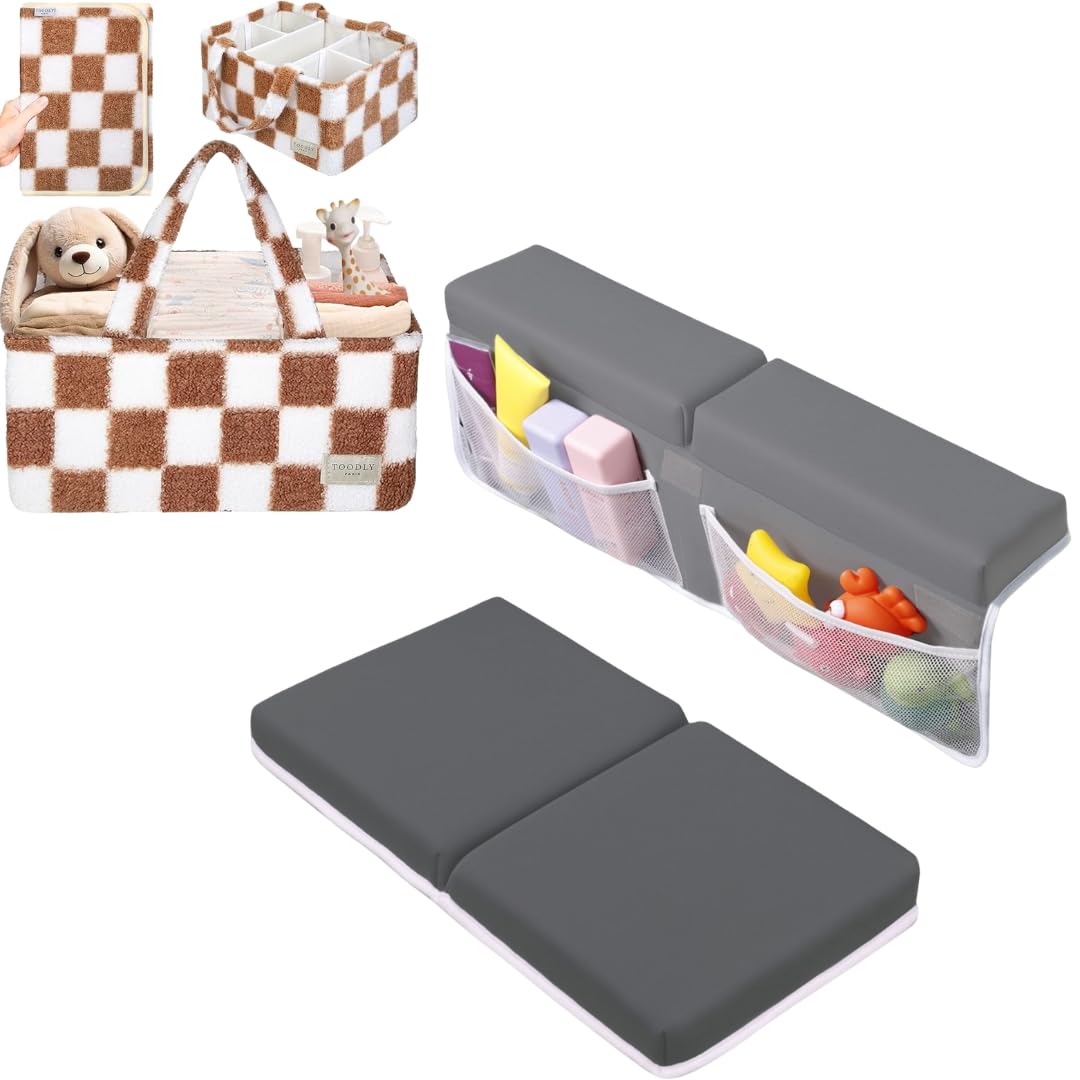 Bath Kneeler & Elbow Rest Pad SetDark Grey and Checkered Diaper CaddyTaupe & White Bundle