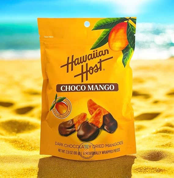 Hawaiian Host Choco Mango Dark Chocolate Dipped Dried Mango Slices Tropical Gourmet Snack 2.8oz (80g) Individually Wrapped Pieces