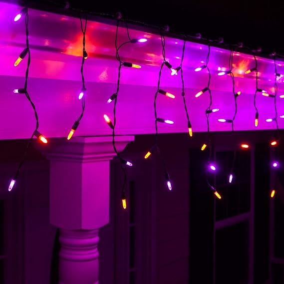 Wintergreen Lighting 70 Purple and Orange Mini LED Halloween Icicle Lights, 7 ft Black Wire Indoor/Outdoor Commercial Grade Party, Yard Decor & Outdoor Decorations