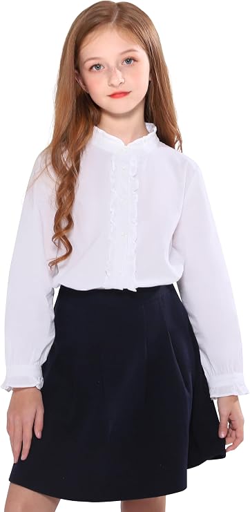 SOLOCOTE Girls White Blouse Ruffle Long Sleeve Button Down Shirt | School uniform, Dress shirt, 5-14 Years, Ruffle collar and cuffs