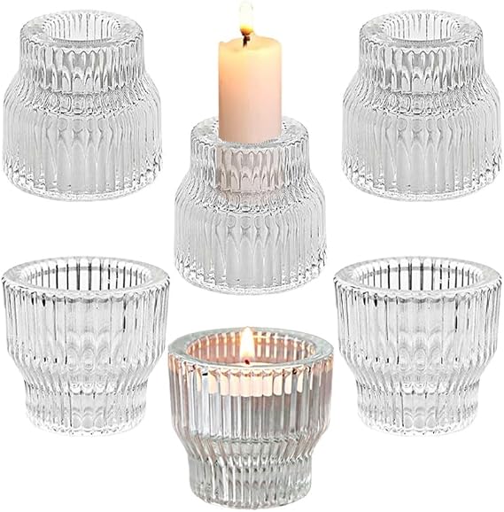 Clear Candlestick Holders,Glass - Set of 6,Tapered Candlesticks Holder, Reversible Votive Candle Holders for Pole & Pillar Waxes,Two Different Sizes (6)