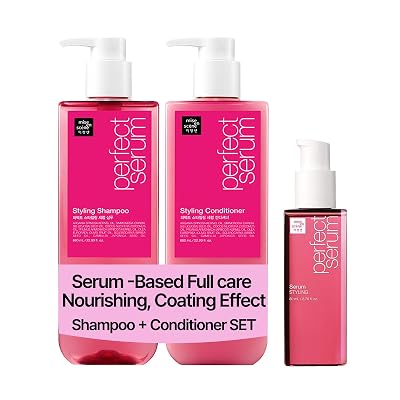 Mise En Scene Styling Serum with Shampoo&Conditioner - Korean Hair Care Set for holding Bounce, Hair Essence for Long Lasting Curl, Powdery Scent, with Argan Oils